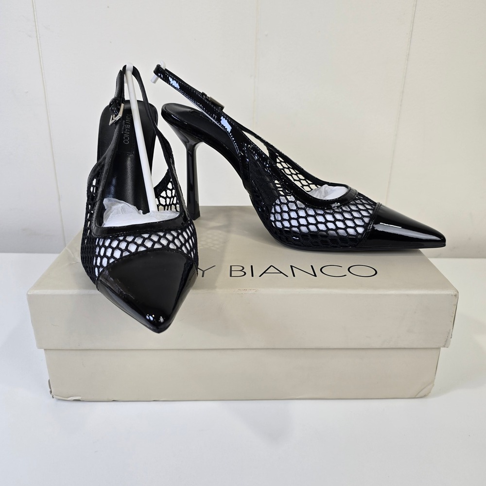 TONY BIANCO Geneva Black Mesh Pointed Toe Slingback Heels Size 8.5